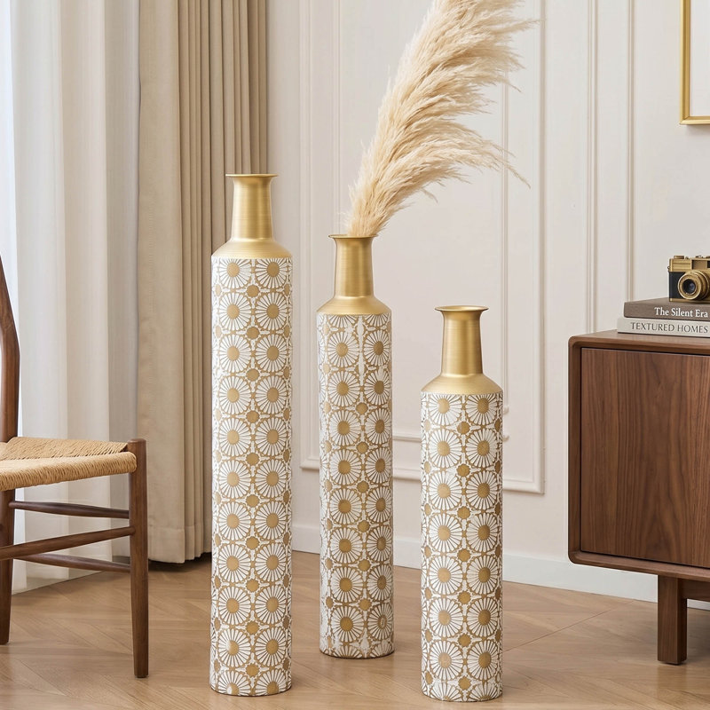 Ensemble de vases de plancher en métal 3 pièces, motif en relief Sunburst, or et blanc, grands vases décoratifs