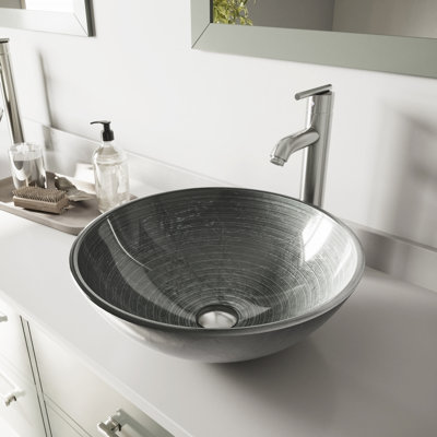 Giovanni 17" L x 17" W x 6" H Round Glass Vessel Bathroom Sink with 13" H Faucet