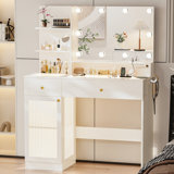 40" Modern Makeup Vanity Desk with LED Mirror, Glass Top, Storage Drawer & Glass Cabinet, 3 Light Modes, Power Outlet - Perfect for Bedroom