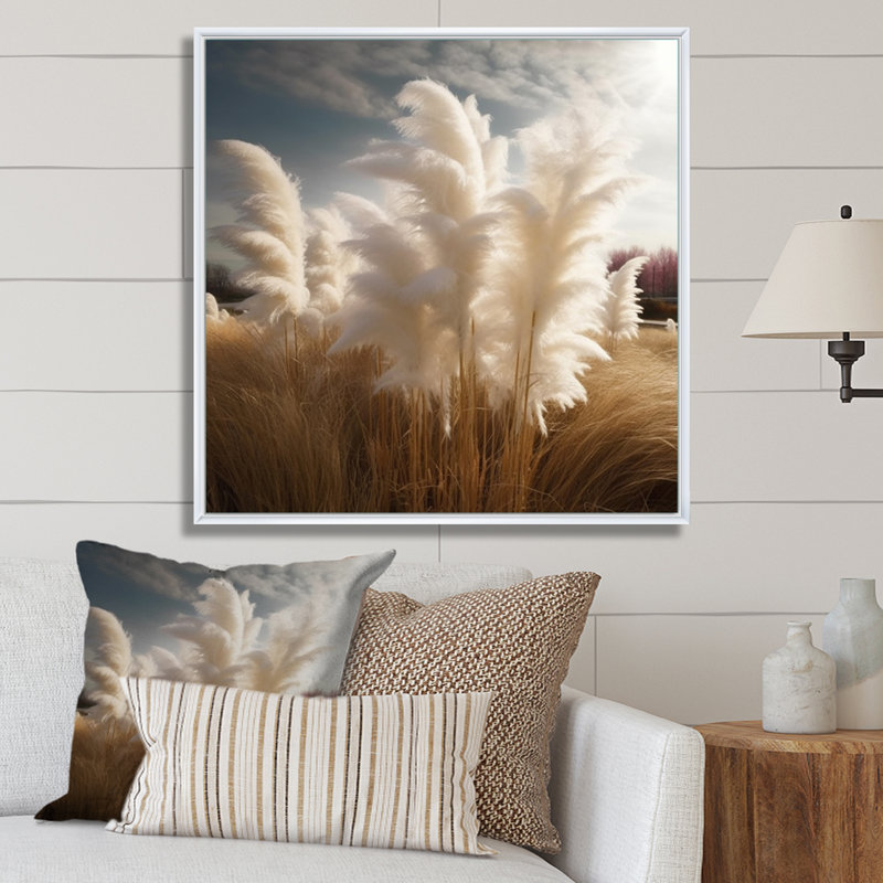 «White Pampas Meadows III», art mural floral, H 36 po x l 36 po x P 1,5 po, Cadre flottant blanc