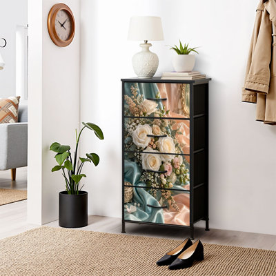 Commode 4 tiroirs pour chambre à coucher Bouquet de roses Feuillage délicat et élégant Commode étroite avec plateau en bois et structure en fer robuste l 18 po x H 37,5 po
