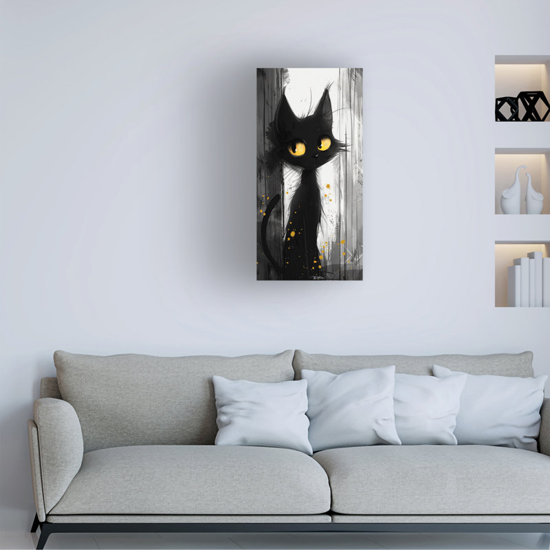 Art sur toile «Chat noir avec grands yeux jaunes», H 32 po x l 16 po
