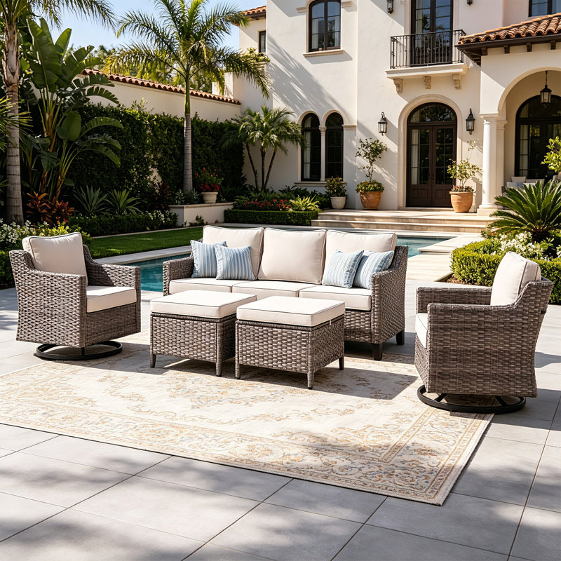 5 Piece Wicker Patio Furniture Set - Outdoor Swivel Rocker Chairs Set With 3 Seat Sofa And Ottomans, Patio Conversation Sets Proch Furniture For Balcony Deck - Blue/Beige