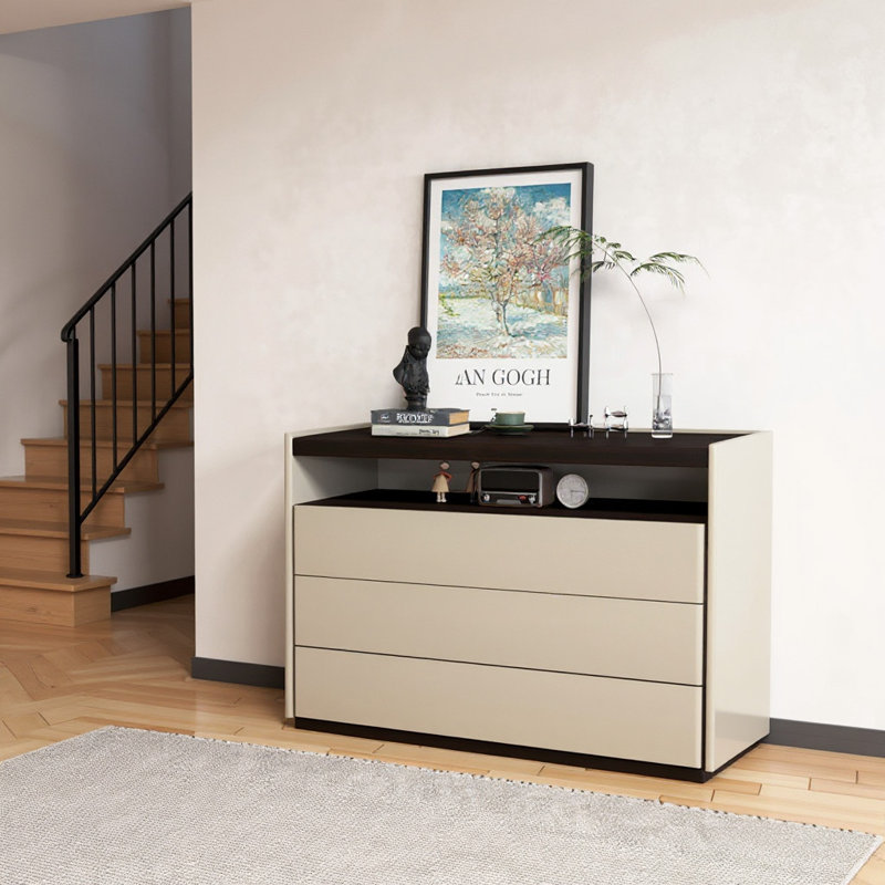 47.24 In. Modern medieval, 3-drawer bedroom vanity, wooden dresser with open shelves, living room storage vanity, wardrobe, entrance hallway, rustic dark wood grain finish - beige