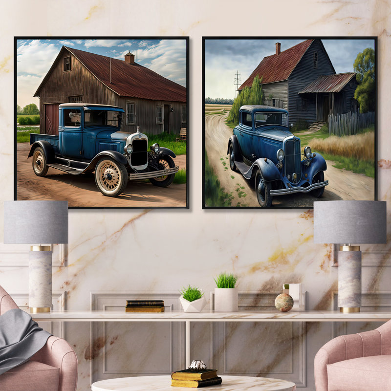 30S Ford Car In Barn II - Vintage Car Square Collage Set of 2, Cadre flottant noir, H 16 po x l 33 po