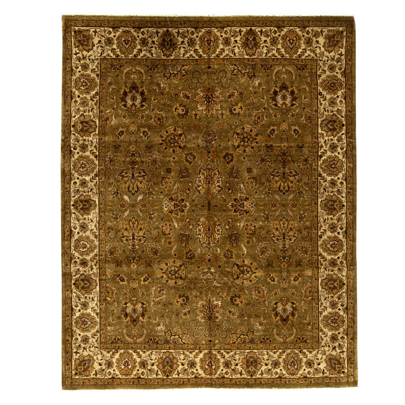 Tapis vert clair et ivoire noué à la main de haute qualité