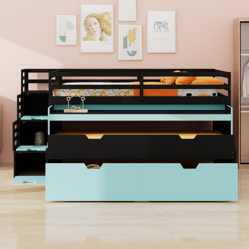 Lit mezzanine Gaming équipé d'un bureau coulissant, d'un lit gigogne et de 2 tiroirs de rangement, Full XL, Black+Blue