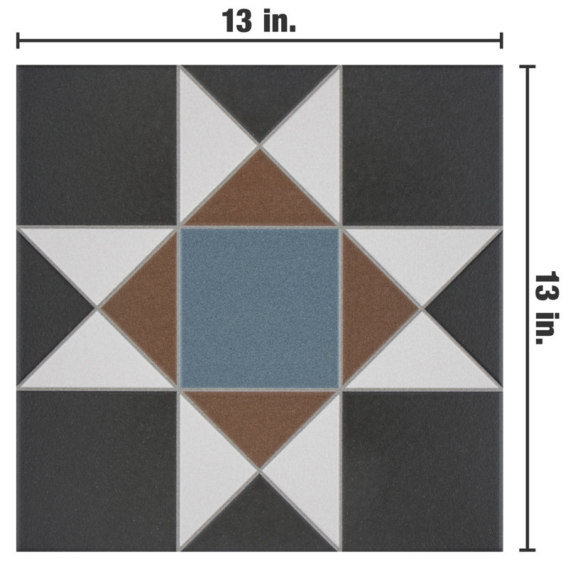 Vanity 13" x 13" Porcelain Patterned Wall & Floor Tile, Black/Blue/Beige
