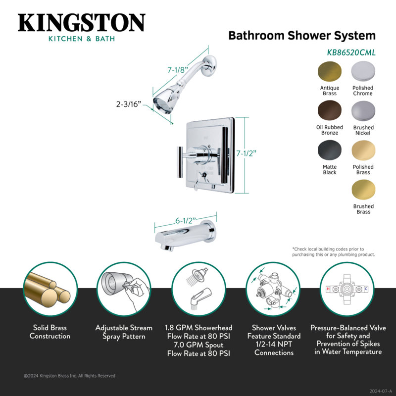 Robinet de baignoire et douche à pression équilibrée à poignée simple Kingston Brass Kingston, Laiton poli