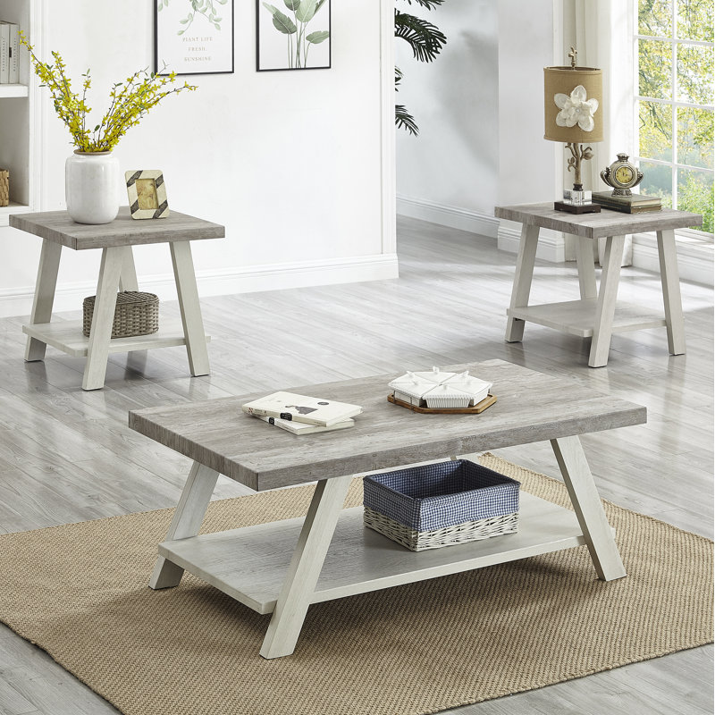 Tevis 3-Piece Wood Coffee Table with Shelf, White, Light Gray