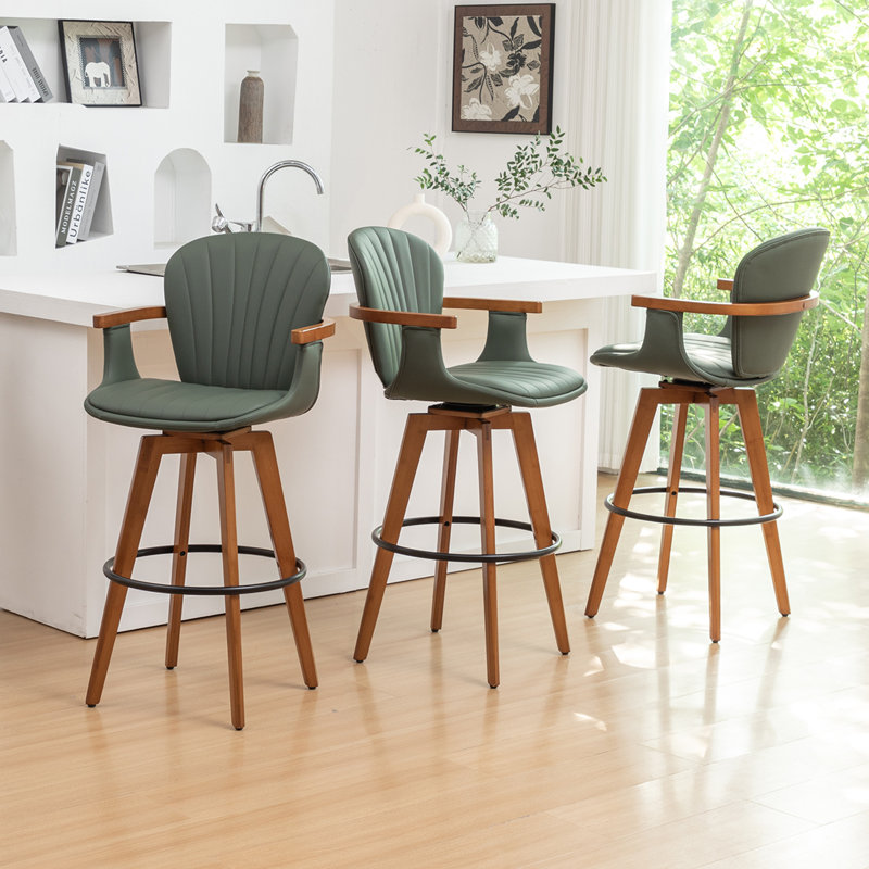 Karez 360° Swivel Bar Stools With Bamboo Legs (Set Of 3), Green, Bar Stool (30” Seat Height)