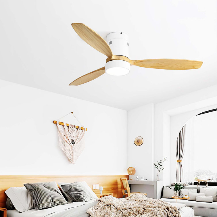 52 Inch Flush Mount Ceiling Fan DC 3 Solid Wood Fan Blade Noiseless Reversible Motor Remote Control With Light