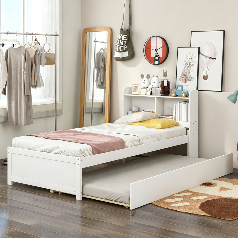 Lit simple avec lit gigogne et tête de lit bibliothèque, pour un rangement compact et élégant, White