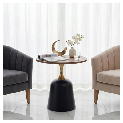 Table d'appoint ronde en noyer avec piètement en métal, 60 cm (23,6 po), table basse moderne pour salon ou bureau