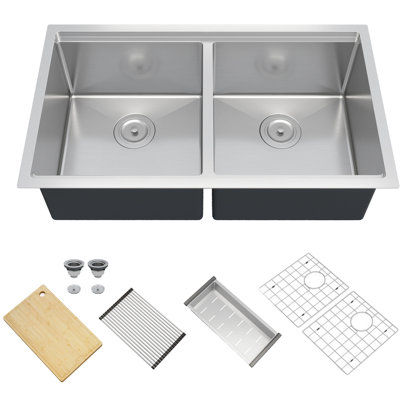 33 x 19 Inch Undermount Kitchen Sink, Double Bowl Workstation Sink w/Ledge & Cutting Board, Dish Rack, Drying Rack