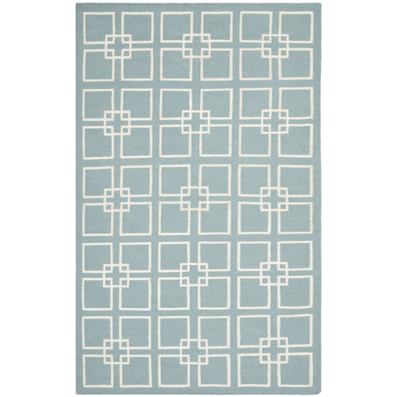 Tapis géométrique en laine, soie et coton à tissage plat Martha Blue, Rectangle 3 pi x 5 pi