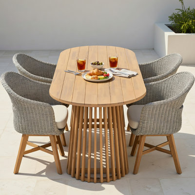 Ensemble de salle à manger d'extérieur en bois d'acacia pour 4 personnes avec base en rotin tissé et piédestal à lattes Mordy