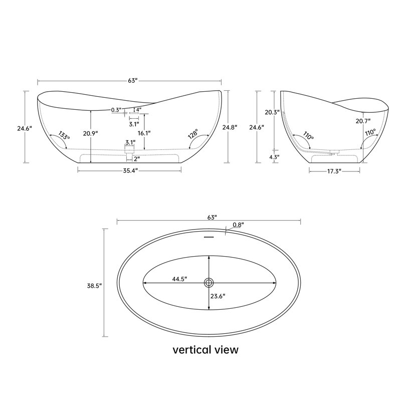 63'' x 38'' Freestanding Soaking Solid Surface Bathtub, Matte White