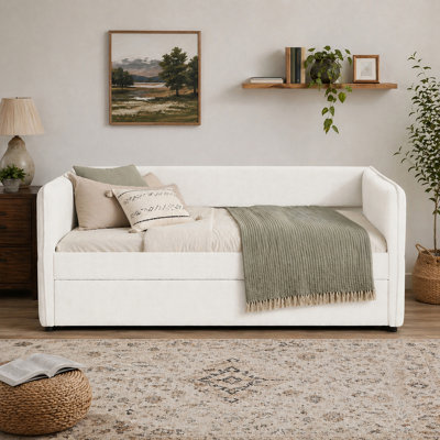Modern Boucle Upholstered Twin Size Daybed with Twin Size Pop Up Trundle Bed