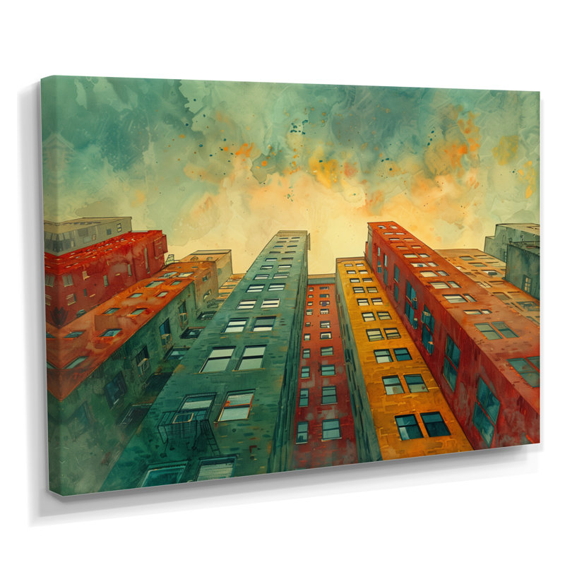 Vert, rouge, urbain, rétro, gratte-ciel II - art mural gratte-ciel, Toile tendue, H 12 po x l 20 po