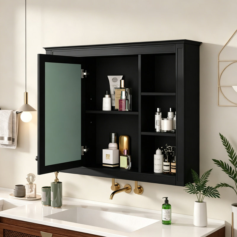 Armoire murale Torynn avec porte miroir et 4 tablettes ouvertes, Noir