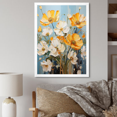 Reproduction d'art sur toile jaune et blanc avec boutons d'or néon et soleil I