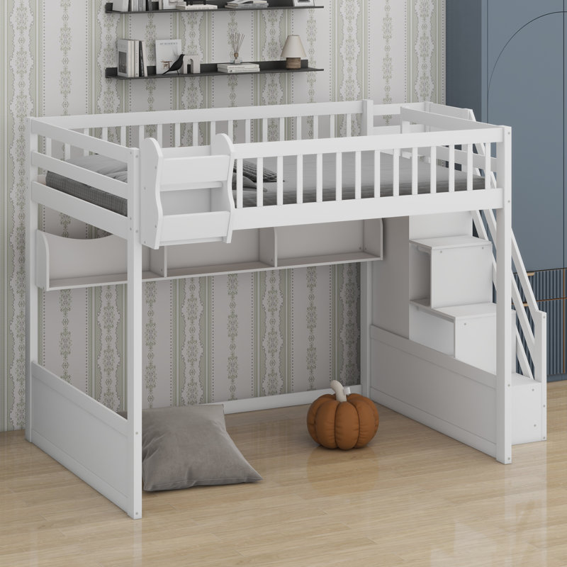 Wooden Loft Bed With Staircase And Wardrobe, White