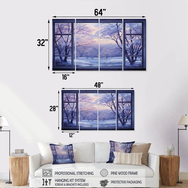 «Purple River Winter Windows IV - Winter Landscape», ensemble de 4 décorations murales, H 28 po x l 48 po