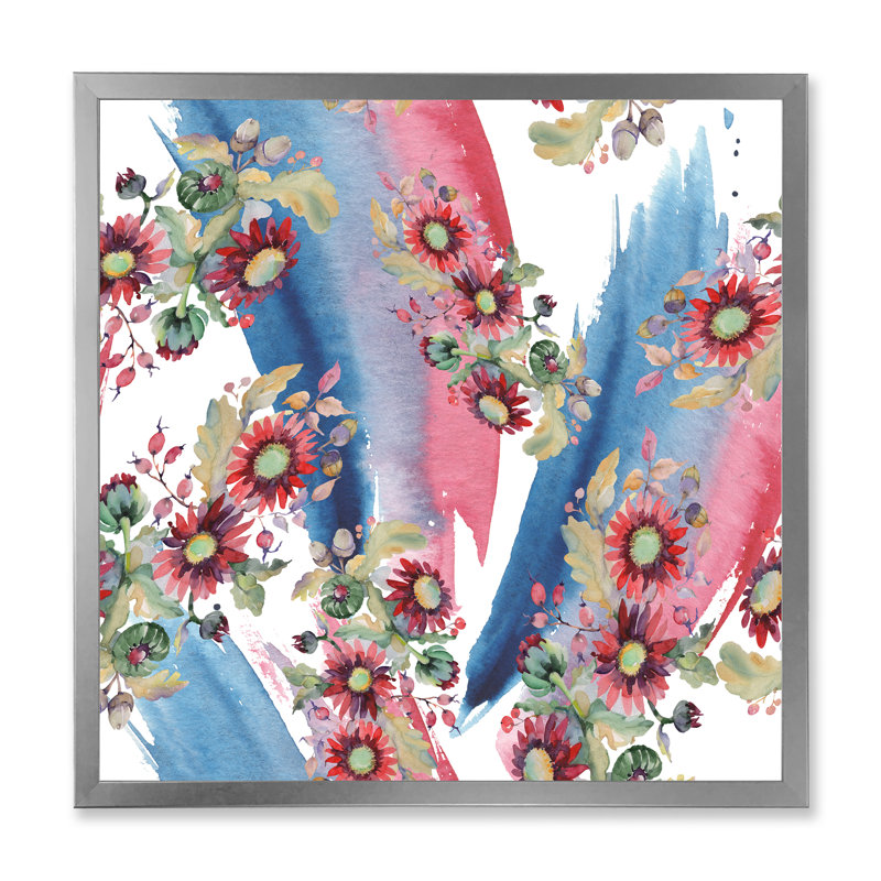 Aster rouge et bouquet de glands - peinture sur toile, H 36 po x l 36 po x 1,5 po, Cadre photo argenté