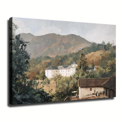 Mountain Valley Manor House Amid Forest Vintage Landscape, peinture à l'huile sur toile tendue sur châssis grande galerie pour salon chambre à coucher