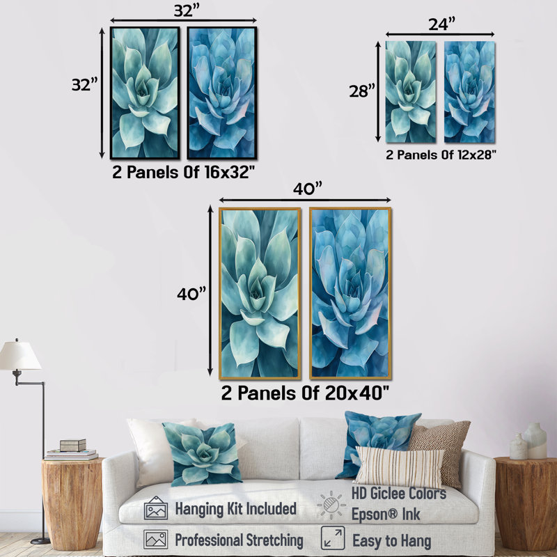«Desert Succulent Leaves I» - art mural floral 2 panneaux, H 28 po x l 25 po, Cadre flottant blanc