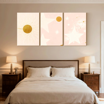 Motif d'étoile abstraite soleil levant, décorations dorées sur fond rose doux, ensemble de 3 impressions sur toile