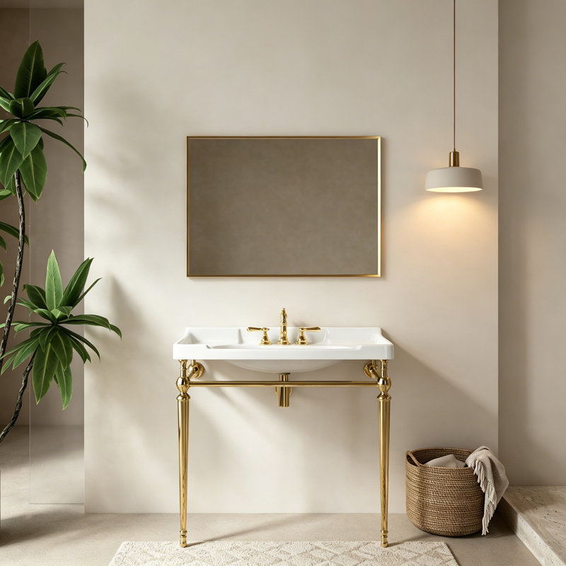 Console de salle de bain avec pieds en acier inoxydable et barre à serviettes, Gold,White