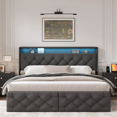 Linen Upholstered King Bed Frame with 2 Drawers, Platform Bed with Tufted Wingback Headboard & LED Lighting
