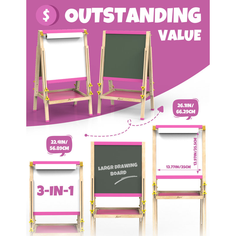 Chevalet d'art en bois Joyooss Kids 3 en 1, hauteur réglable, planche à dessin double face pour enfants de 4 à 8 ans, avec plateau de rangement, ensemble de fournitures d'art JOY106 ROSE