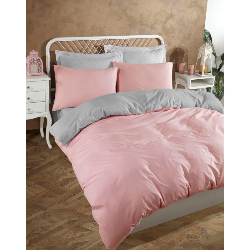 Super King Quilt Cover Set (3 Pieces), Powder & Grey, 102.4 x 86.6 inches | 65% Cotton / 35% Polyester, 120 Thread Count | Machine Washable, Envelope & Button Closure | Luxurious Softness for Ultimate Comfort
