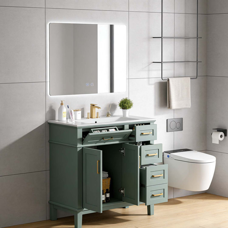 Meuble-lavabo moderne avec lavabo en céramique, portes à fermeture en douceur, Vert clair