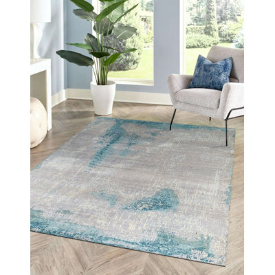 Élégant tapis abstrait en laine noué à la main gris / turquoise