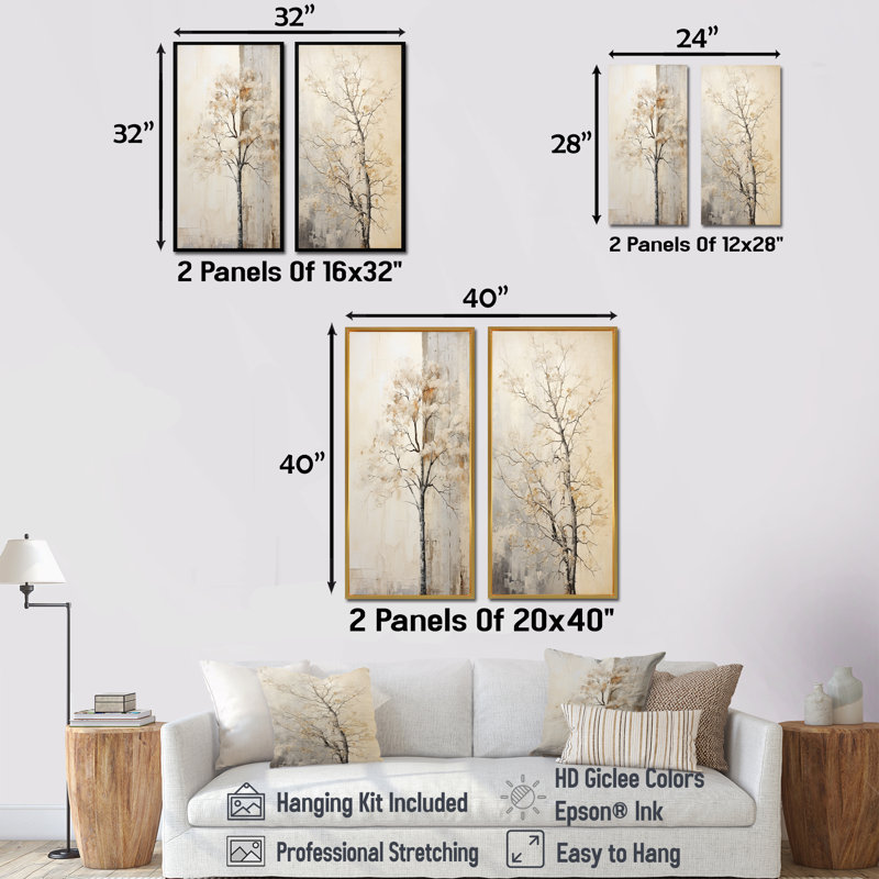 «Beige Trees Oak Solitude», ensemble de 2 impressions sur toile de chêne, H 28 po x l 25 po, Cadre flottant brun