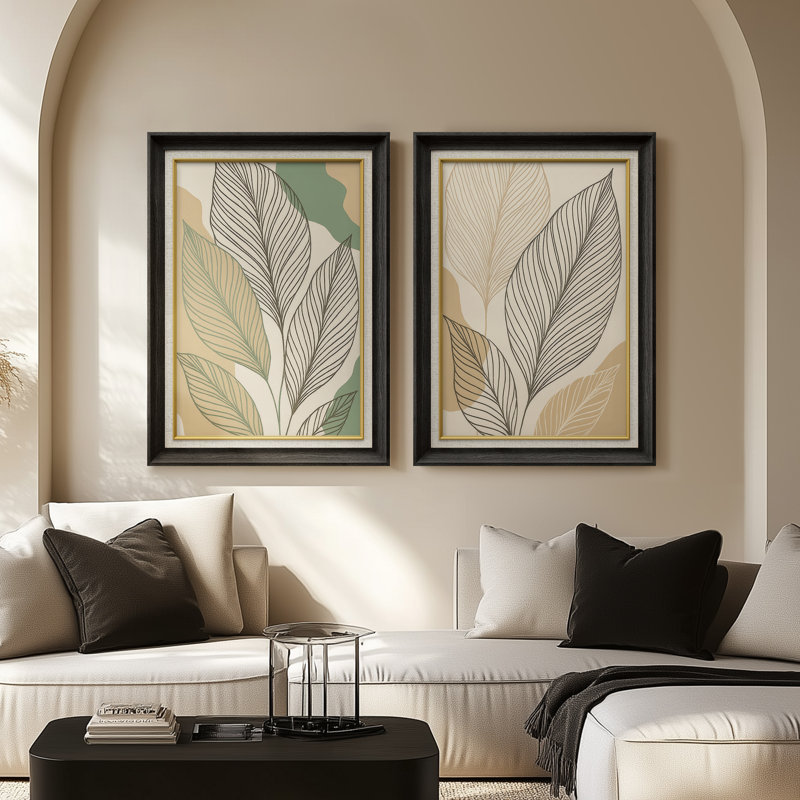 «Neutral Leaf Line Botanical Modern Organic», ensemble de 2 reproductions d'art encadrées de qualité supérieure sur papier 26 po x 36 po