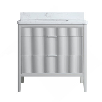 Ensemble de meuble-lavabo autoportant 36 po avec 2 ensembles de poignées et plateau en marbre d'ingénierie entièrement assemblé gris