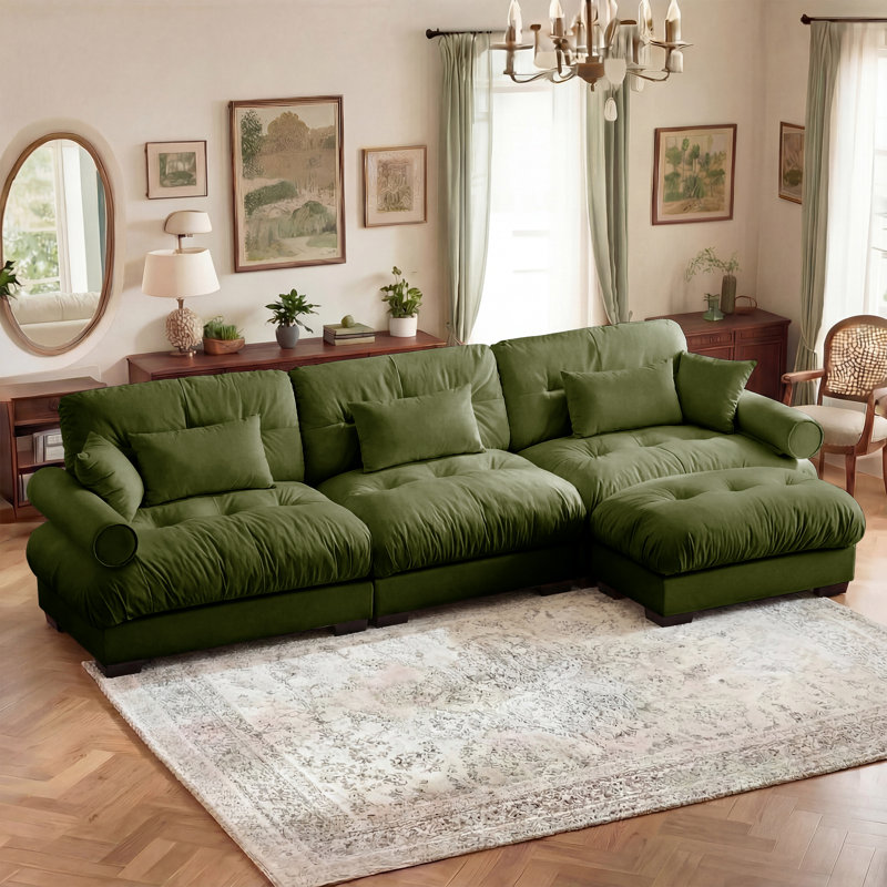130" L-Shaped Velvet Upholstered Sectional With Ottoman, Green Velvet