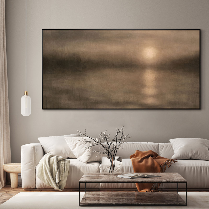 Extra Large Wall Art Fabric Print - Golden Sunrise Over Calm Water Horizon Artwork Decor for Living Room or Bedroom - "Frame Assembly Required (Unfinished Frame)"