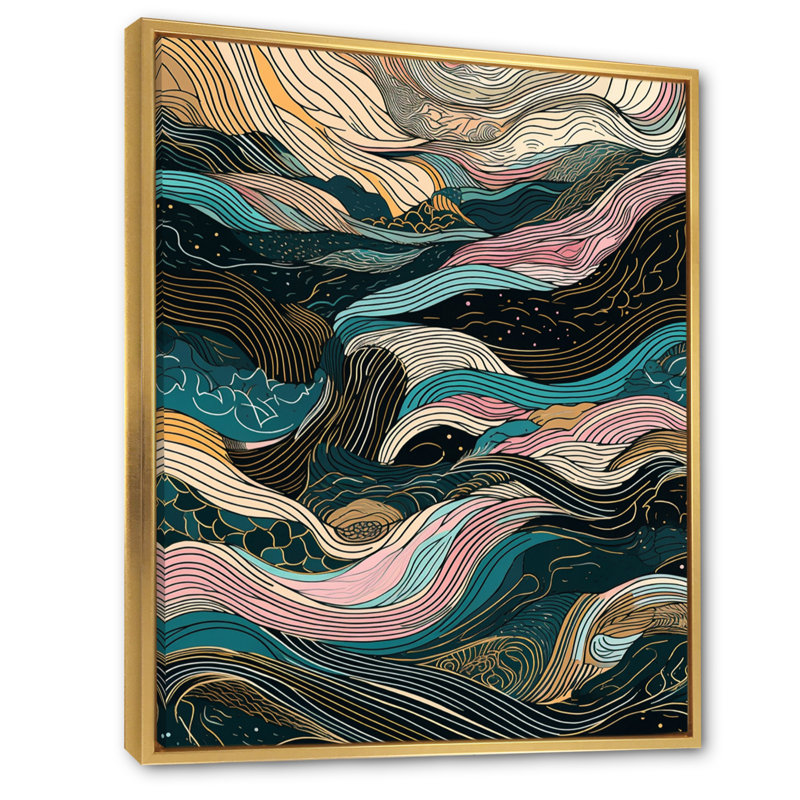 «Green Linear Symphony V - Minimalisme», art mural, H 20 po x l 12 po x P 1 po, Cadre flottant doré