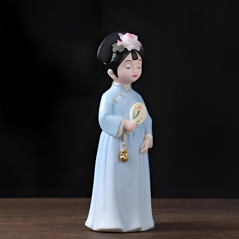 Statue en céramique exquise - beauté traditionnelle chinoise pour la décoration intérieure, Bleu