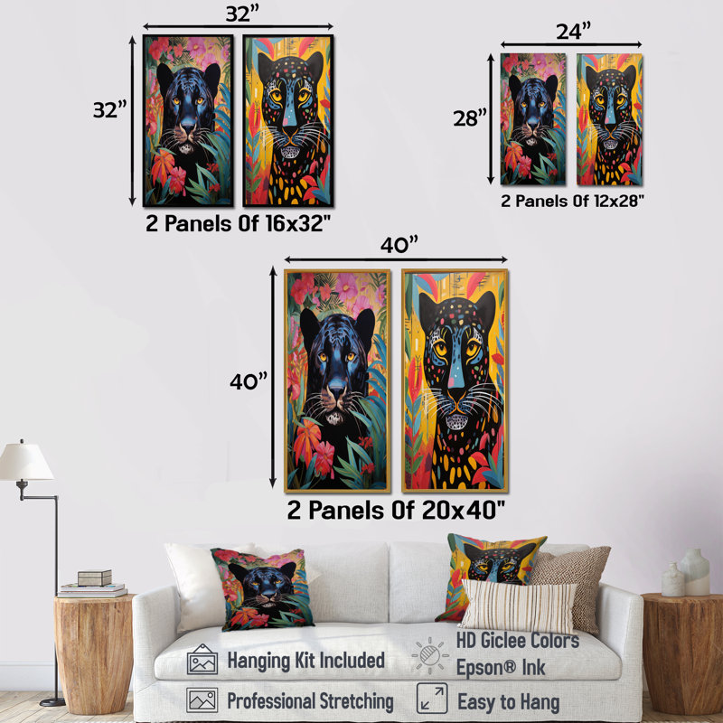 Panthère dans un paysage de jungle coloré III - ensemble d'art mural animal panthère 2 pièces, H 32 po x l 32 po
