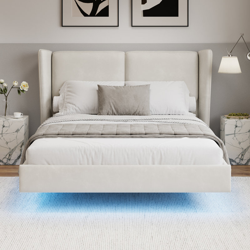 Structure de lit flottante en velours de style moderne avec lumières DEL et lit tapissier à oreilles, Beige, Lit double