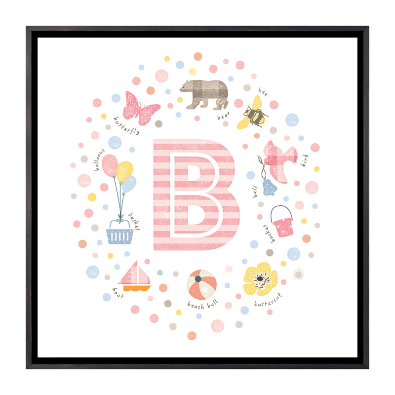 Lettre illustrée B rose - impression, Toile avec cadre noir patiné, Pas de tapis, H 37 po x l 37 po x P 1,5 po
