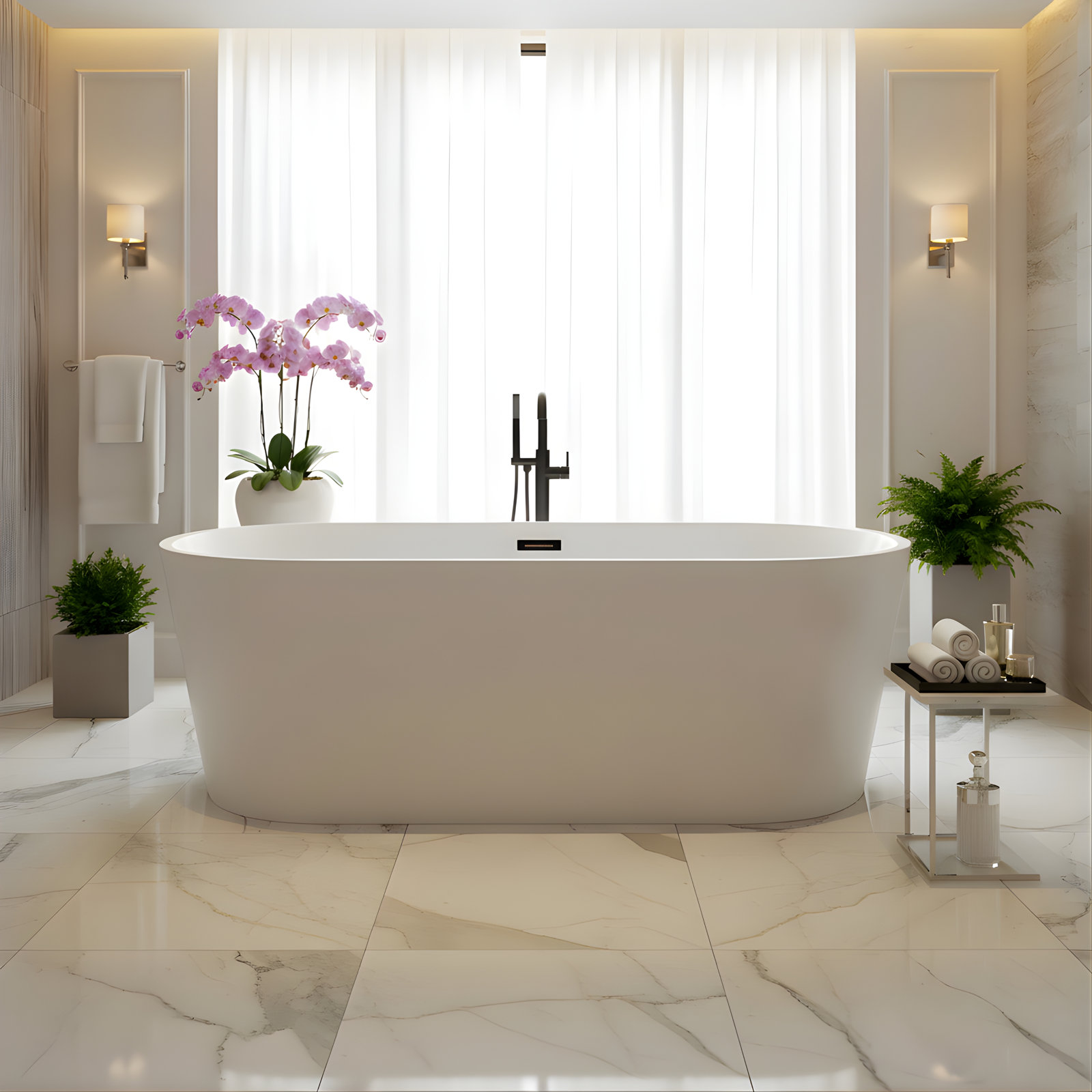 Iris 67" Freestanding Soaking Acrylic Bathtub, White/Matte Black