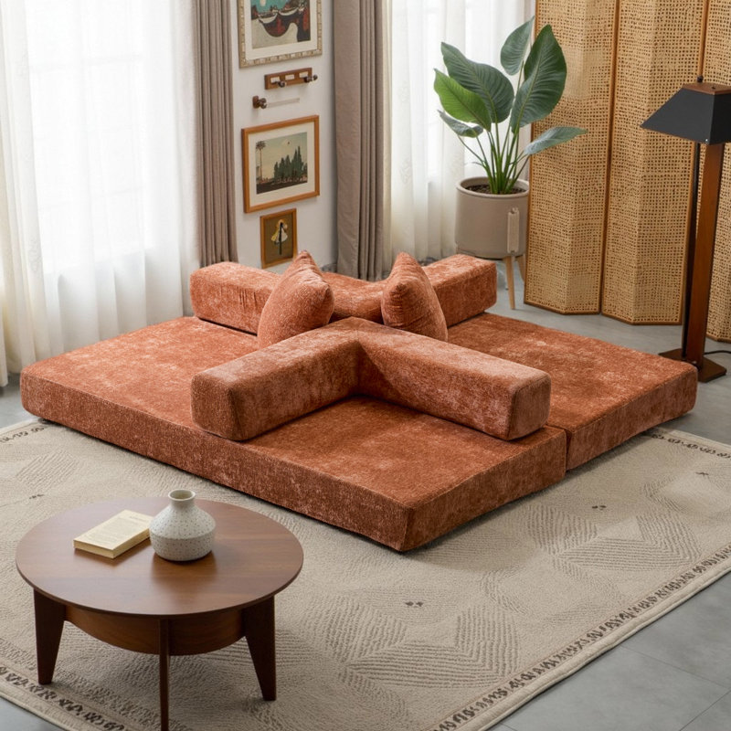Canapé-lit futon convertible - Revêtement en chenille double mode avec rembourrage en mousse de qualité supérieure, Orange
